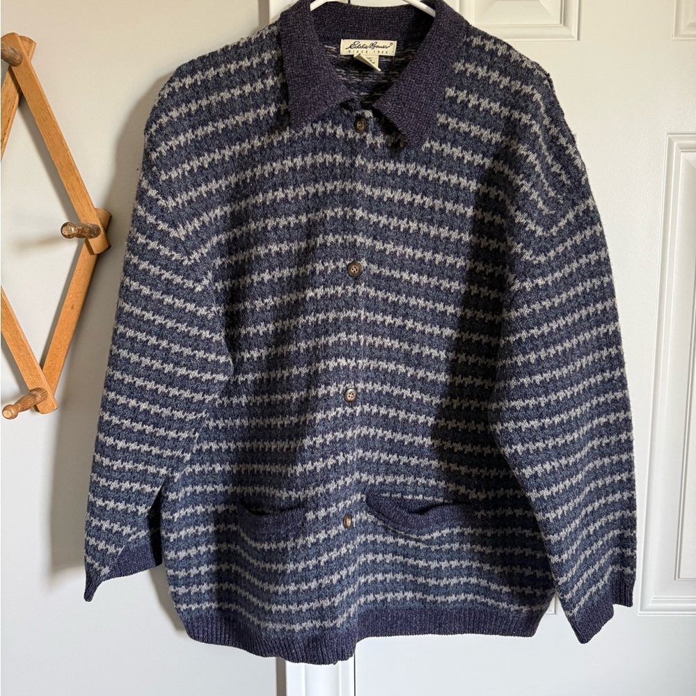 Eddie Bauer Wool Blue and Gray Striped Cardigan